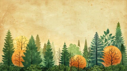 Illustration Of A Forest With Pine Trees And Orange Sun