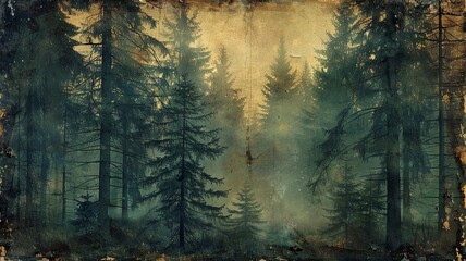 Misty Forest With Tall Trees In Atmospheric Light