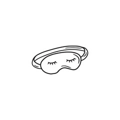 Sleeping mask with closed eyes drawn in black isolated on white background. Hand drawn vector sketch illustration in doodle engraved line art vintage style. Concept of sun protection, dark sleep.