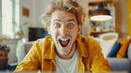 young blonde celebrates the thrill of success with his crazy and surprised reaction