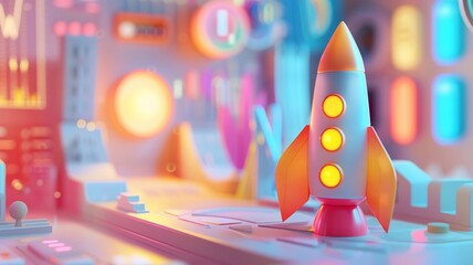 Toy rocket in a vibrant and futuristic cityscape