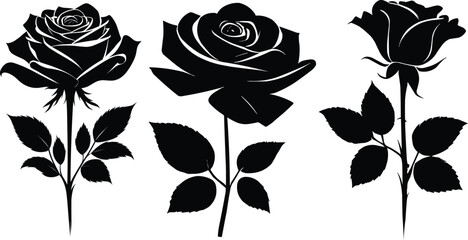 Set of decorative rose flowers with leaves black silhouette of isolated on a white background