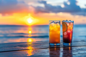 Drinks with blur tropical beach and sunset in background