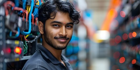 Indian male IT technician expertly maintaining and supporting technology systems. Concept IT Support, Technology Maintenance, Expert Assistance, Indian Male, Professional Services