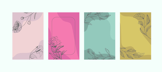 Design templates in simple modern style with copy space for text, flowers and leaves - social media stories, wedding invitation backgrounds and frames, wallpapers. Vector illustration