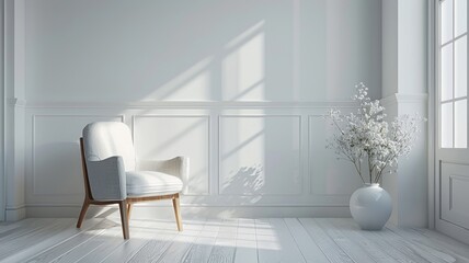 Simple White Room With Chair And Vase In Natural Light