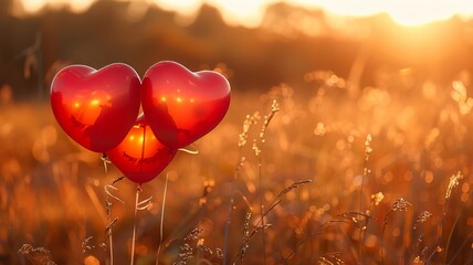 Heart-shaped balloons in sunset light