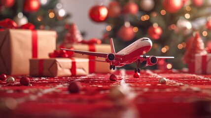 Miniature airplane among Christmas decorations and wrapped presents