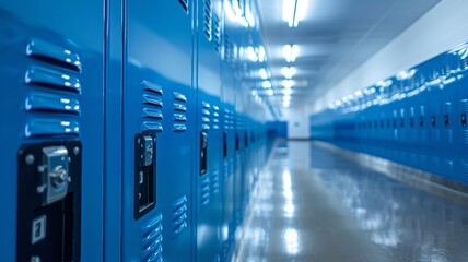 Blue lockers in a school hallway with reflections
