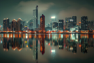 Obraz premium Futuristic City Skyline at Night Reflected in Water
