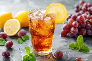 Lemon and grape ice tea in glass