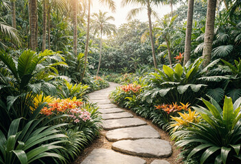 stone path in tropical garden with flowers and palm trees