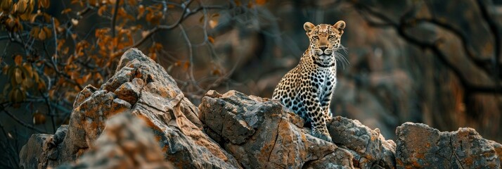 Low-angle shot captures majestic leopard rugged rock formation