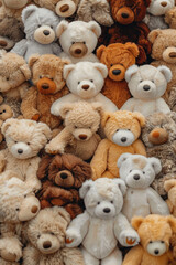 A tightly packed collection of small teddy bears in various colors and poses, filling the entire frame. The bears come in shades of brown, white, and pastel colors.