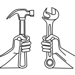 hands holding hammer. Continuous one line drawing of hammer and wrench. Wrench and hammer outline vector illustration. Editable stroke. Labor Day thematic illustration. 