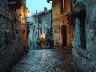 Obraz premium Charming historic street at dusk with warm lights and serene ambiance captured in a wide shot