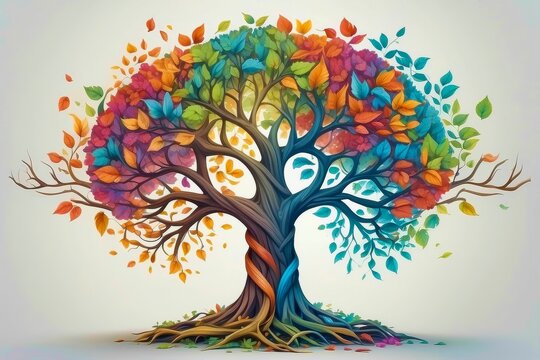 Human brain tree with colorful falling leaves representing different emotions or mental state. Psychology concept. 