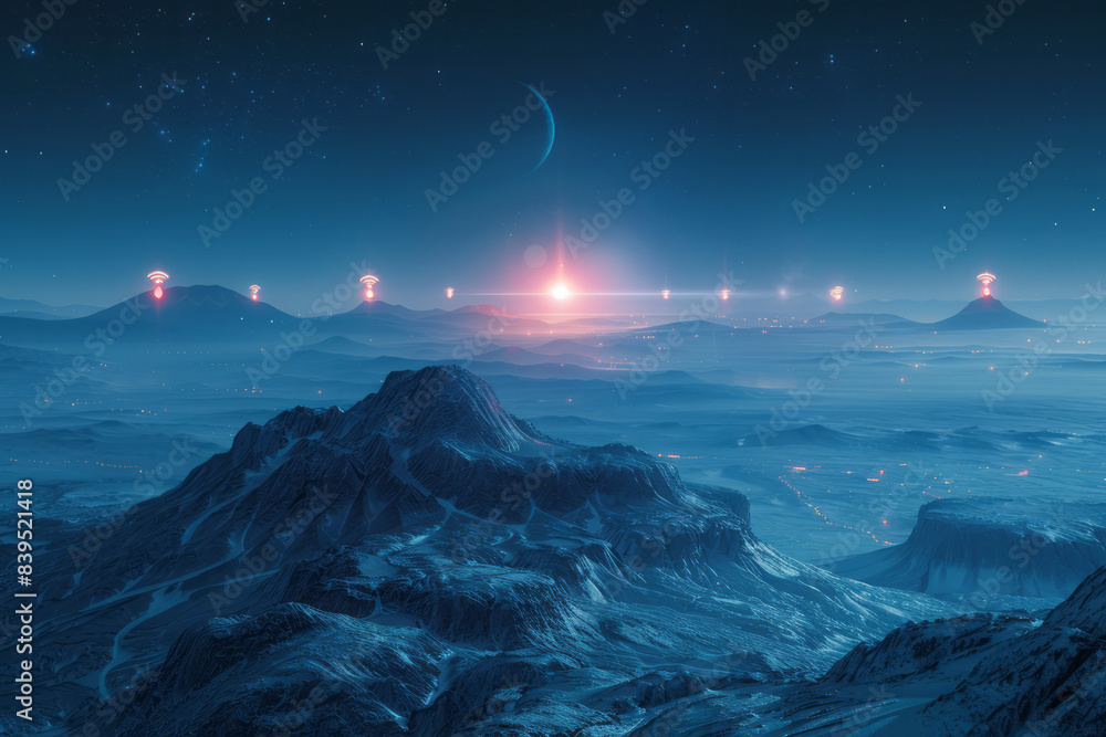 Poster a planetary landscape with glowing wi-fi icons embedded in the terrain, indicating widespread connec