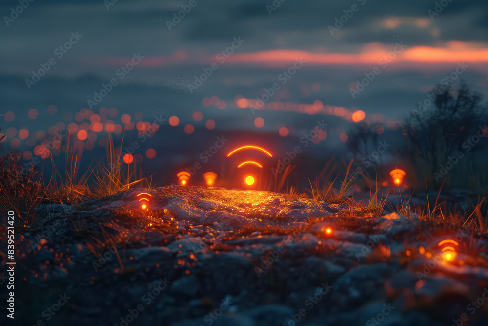 Aufkleber a planetary landscape with glowing wi-fi icons embedded in the terrain, indicating widespread connec
