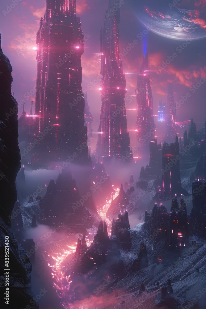 Poster an alien planet with towering structures, each emitting vibrant wi-fi signals into the atmosphere,