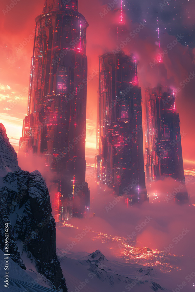 Poster an alien planet with towering structures, each emitting vibrant wi-fi signals into the atmosphere,