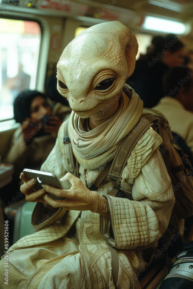 Aufkleber an alien species using handheld devices to access wi-fi, with signals visibly connecting to a centra