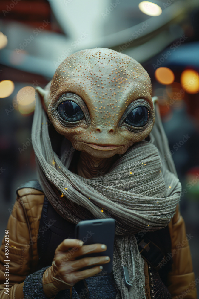 Aufkleber an alien species using handheld devices to access wi-fi, with signals visibly connecting to a centra