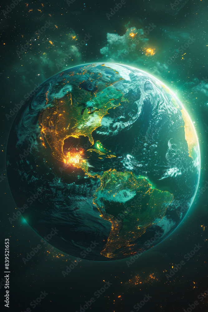 Poster A digital map of a planet, highlighting areas with the strongest Wi-Fi signals in vibrant colors,