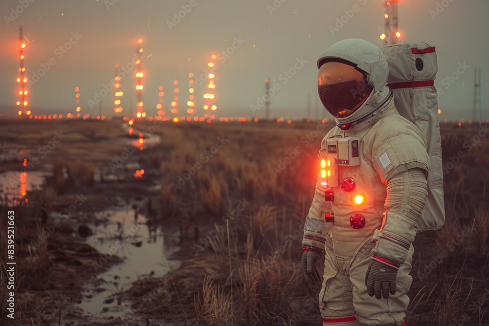 Aufkleber an astronaut on a distant planet, holding a device that shows wi-fi signals radiating from nearby st