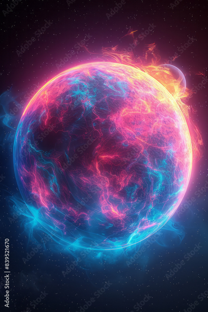 Poster a digital map of a planet, highlighting areas with the strongest wi-fi signals in vibrant colors,