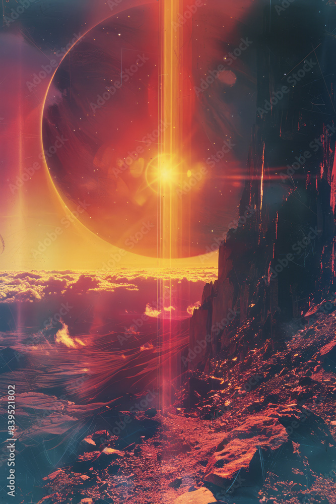 Fototapete a depiction of wi-fi signals traveling through different layers of a planetâ€™s atmosphere, creating