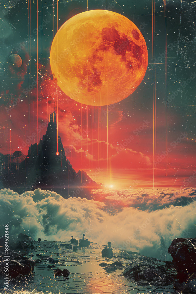 Poster a depiction of wi-fi signals traveling through different layers of a planetâ€™s atmosphere, creating
