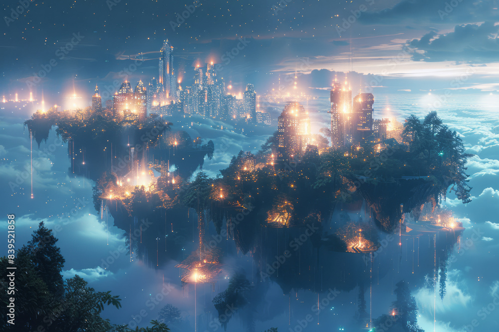 Poster a planet with floating islands, each connected by glowing wi-fi signals that bridge the gaps,