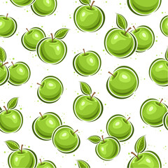 Vector Green Apple seamless pattern, repeating background with flying cartoon apples for wrapping paper, square placard with flat lay outline green apple fruits on white background for home interior