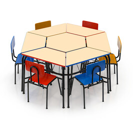 colorful hexagon school table and chair for children in the classroom