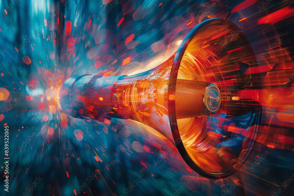 Poster An abstract image of a megaphone with concentric circles emanating from it, representing a powerful and far-reaching voice,