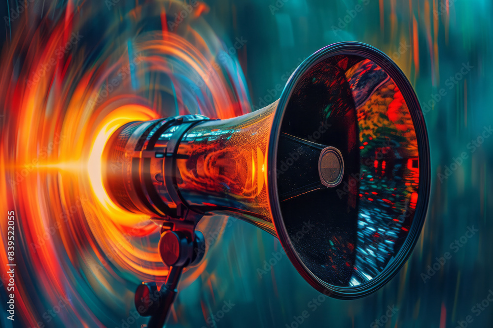Poster An abstract image of a megaphone with concentric circles emanating from it, representing a powerful and far-reaching voice,