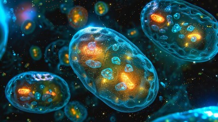 An immunofluorescence image of a cell undergoing cellular respiration with bright spots indicating the active production of energy within mitochondria