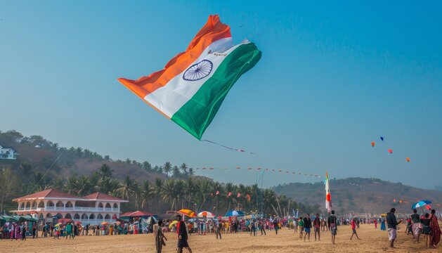 Colorful Celebration: Giant Indian Tricolor Kite Flies High at Colva Beach, Goa