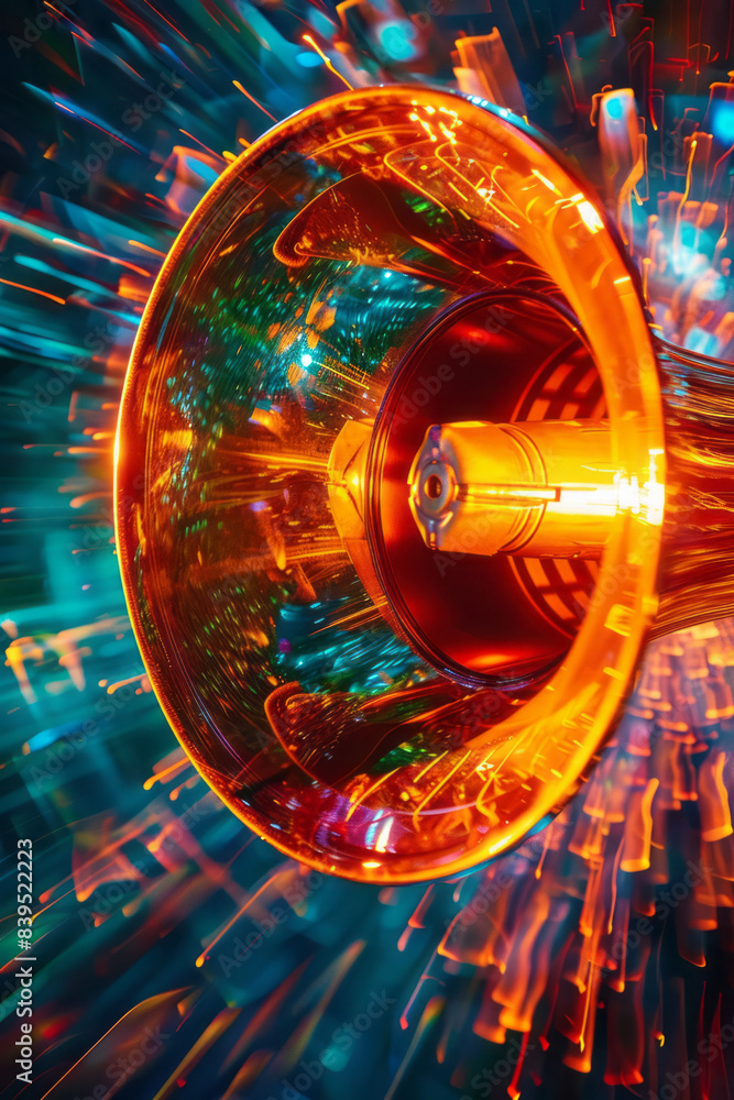 Fototapete An abstract image of a megaphone with swirling patterns and light rays emanating from it, symbolizing a powerful and dynamic shout,