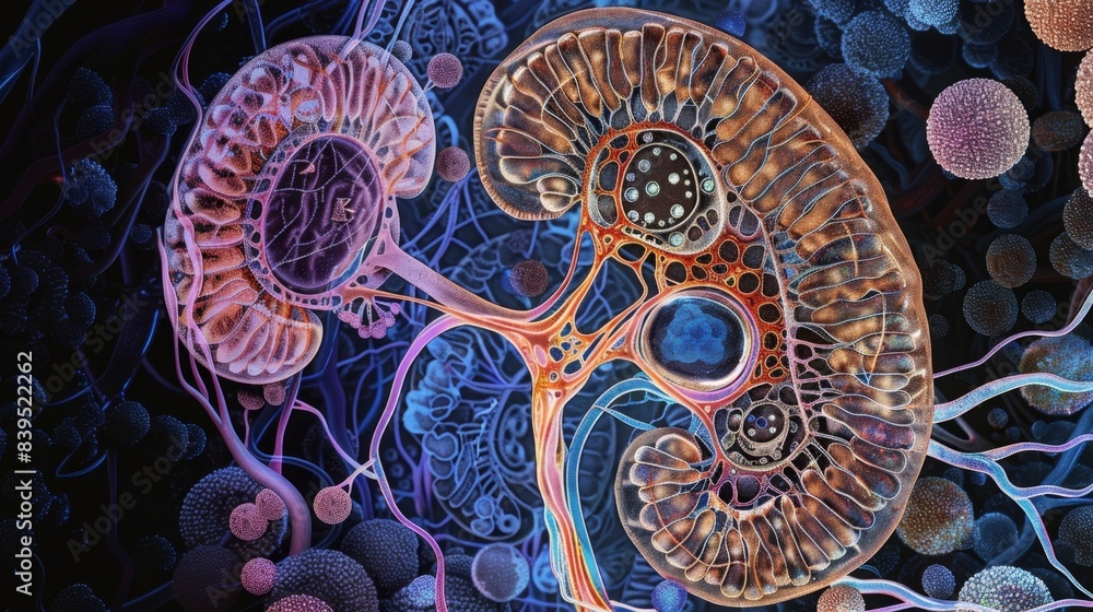 Poster a crosssection view of a healthy kidney nephron showing the complex structure and function of each c