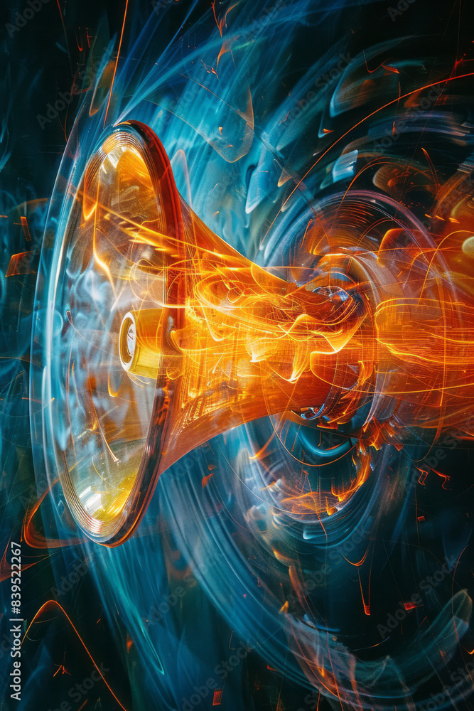 Fototapete An abstract image of a megaphone with swirling patterns and light rays emanating from it, symbolizing a powerful and dynamic shout,