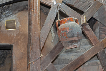 old milk jug with rural background