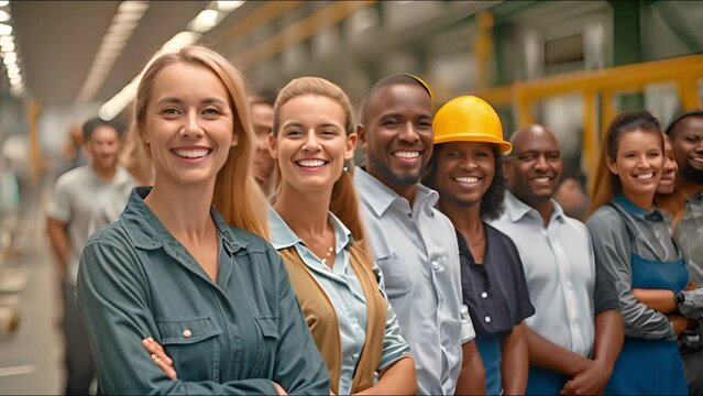 A group of cheerful and diverse coworkers are arranged in a row at the contemporary metalwork warehouse facility.
