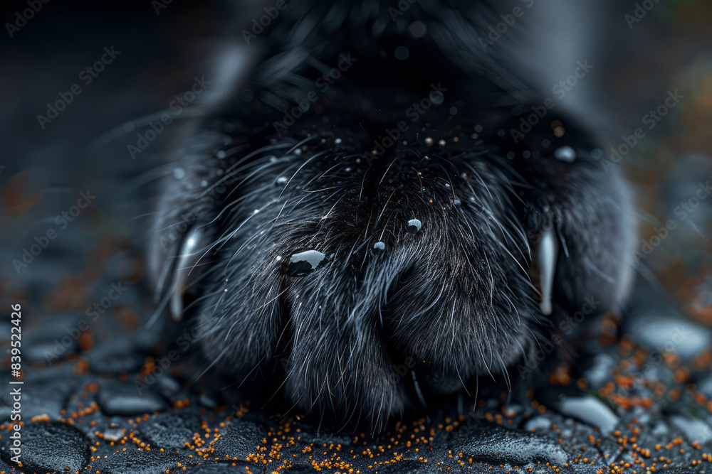 Poster an abstract image of a black cat paw with sleek, shiny fur and dark pads, capturing the subtle detai