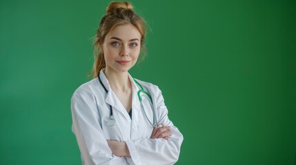 A female doctor with arms crossed, wearing a white coat and stethoscope, smiling confidently against a green background.