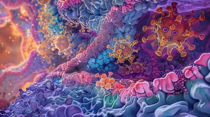 Detailed view of a taste receptor cell with its cell membrane riddled with channels and receptors for taste molecules