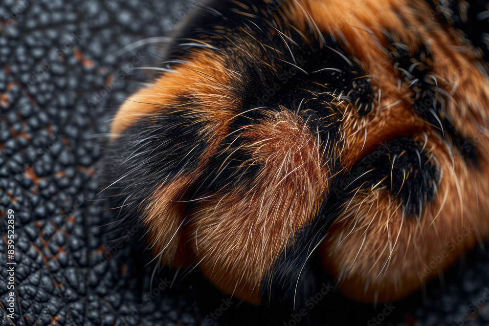 Poster a detailed image of a tortoiseshell cat paw with a mix of black, orange, and brown fur, showcasing t