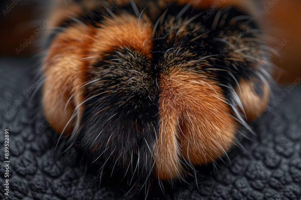Poster a detailed image of a tortoiseshell cat paw with a mix of black, orange, and brown fur, showcasing t