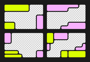 Bento grid web layout with y2k and brutal shapes. Morph Shapes. Trending bento brick Ui UX template. Web comics grids, various panel arrangements and different size tiles vector set. Liquid shapes